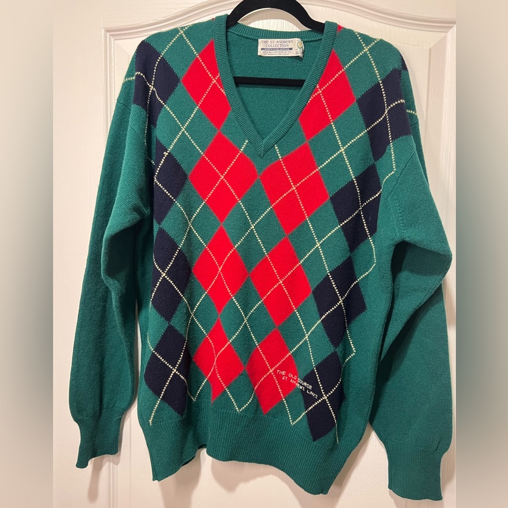 St. Andrew’s Collection Vintage Green Argyle Wool V-Neck Sweater Men’s Large